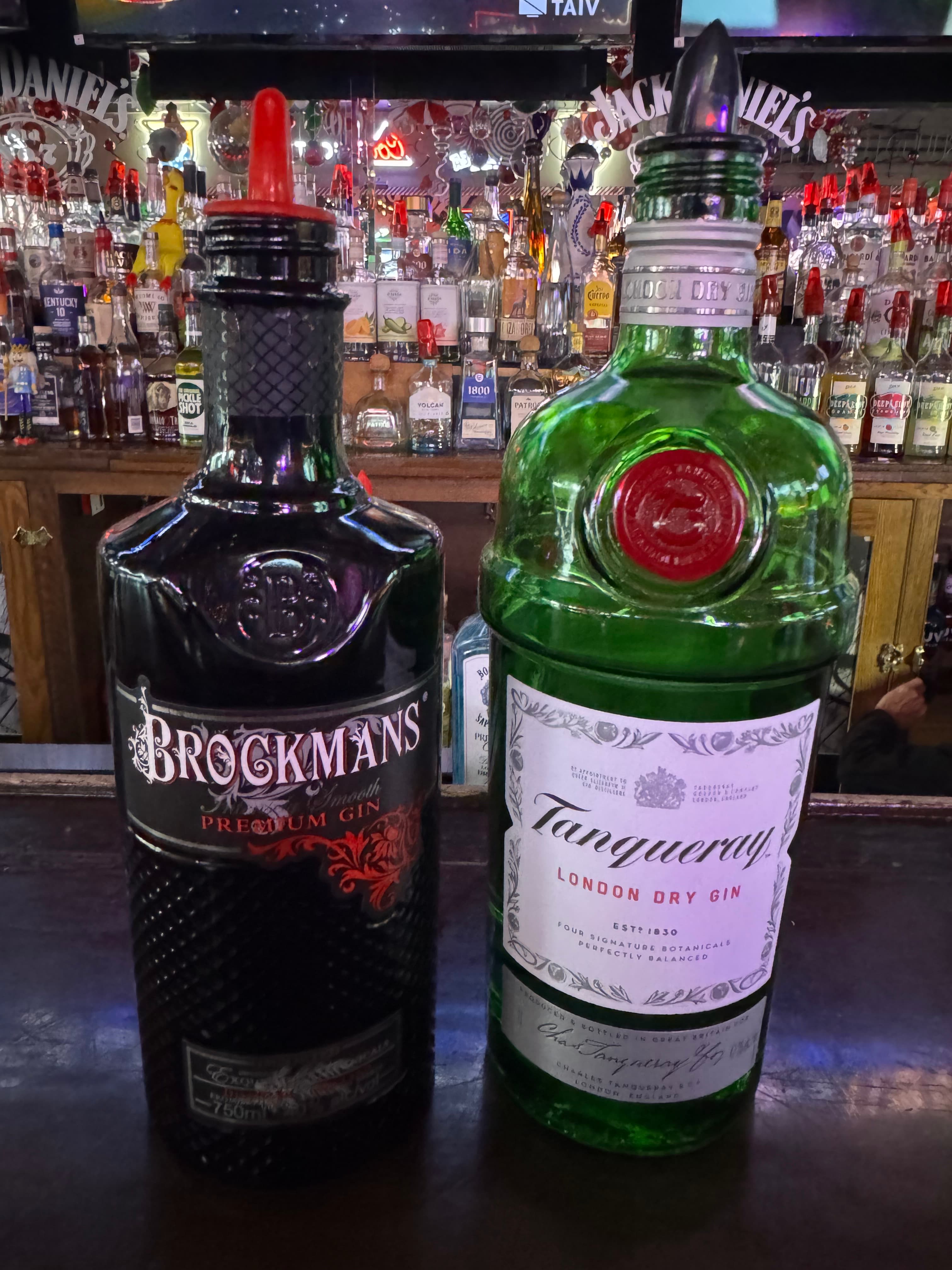 Brockmans Tanqueray gin bottles