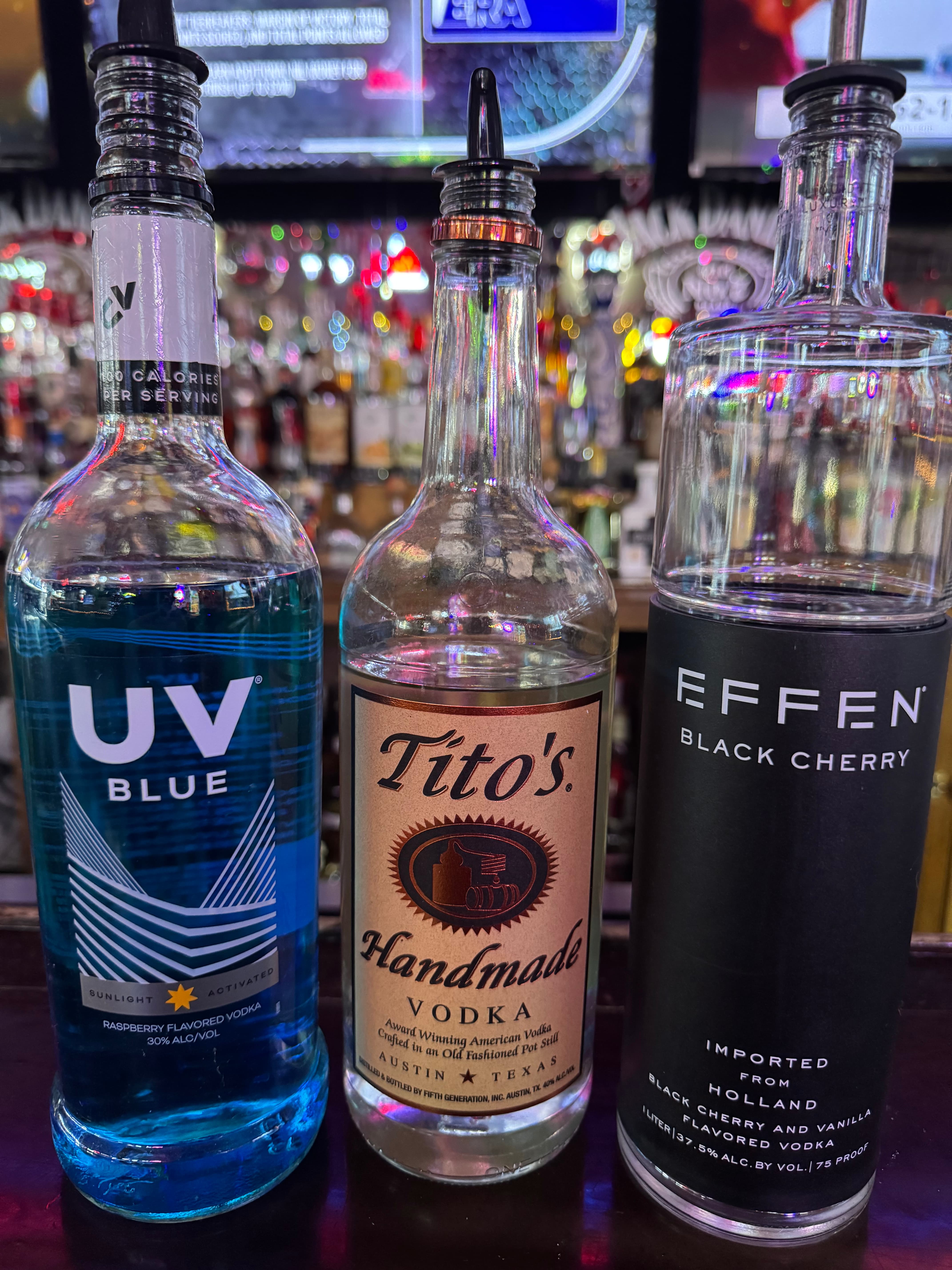UV Blue Titos Effen Vodka bottles