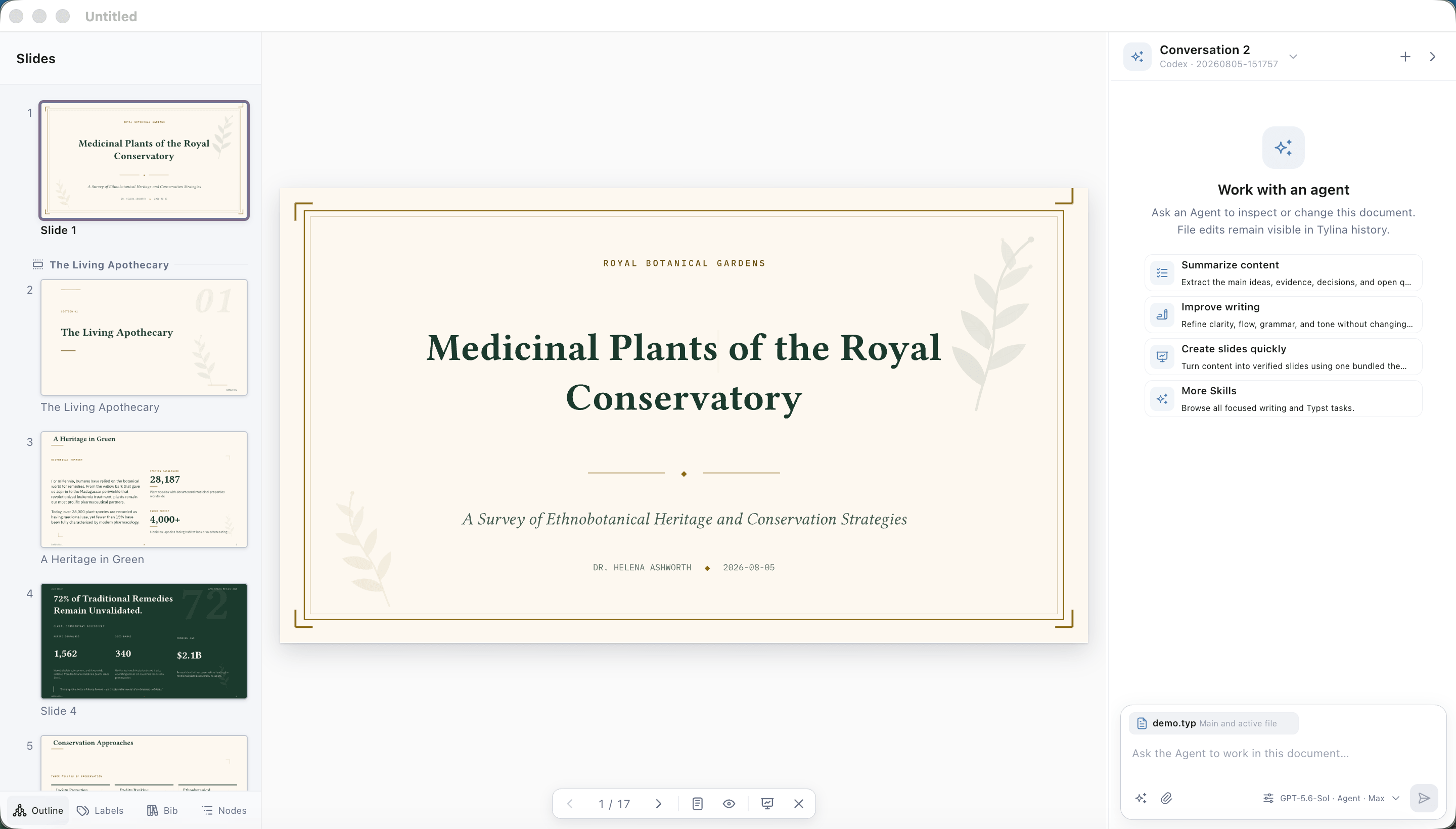 A Touying deck generated by the SeaSlides Skill and opened in the Tylina Slides workspace, with thumbnails, a WYSIWYG typeset canvas, and an ACP agent panel