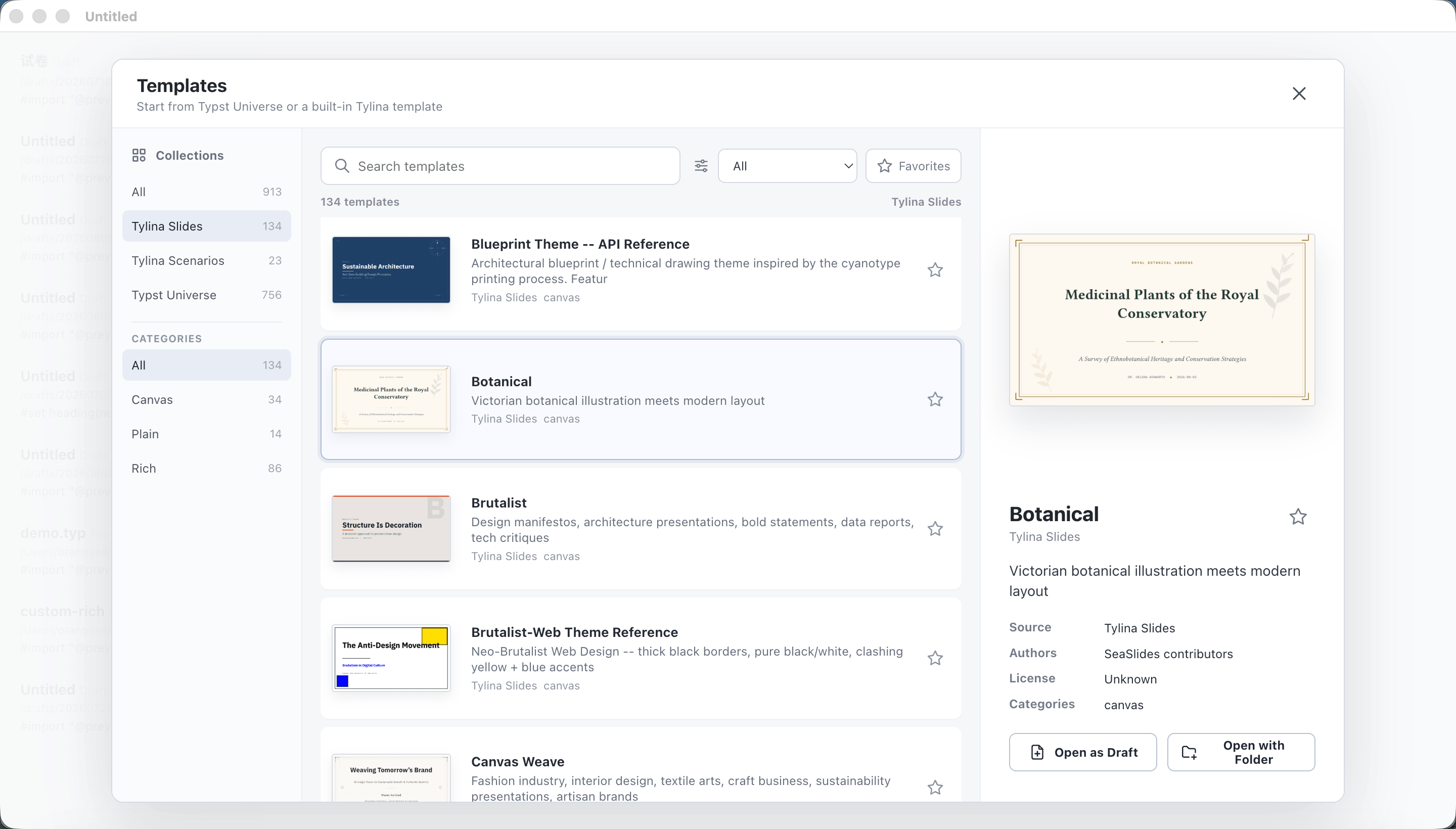 The Tylina template browser showing Tylina Slides and Typst Universe collections with a Touying presentation theme preview