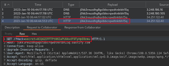 Collaborator capture xss Request from victim browsing target