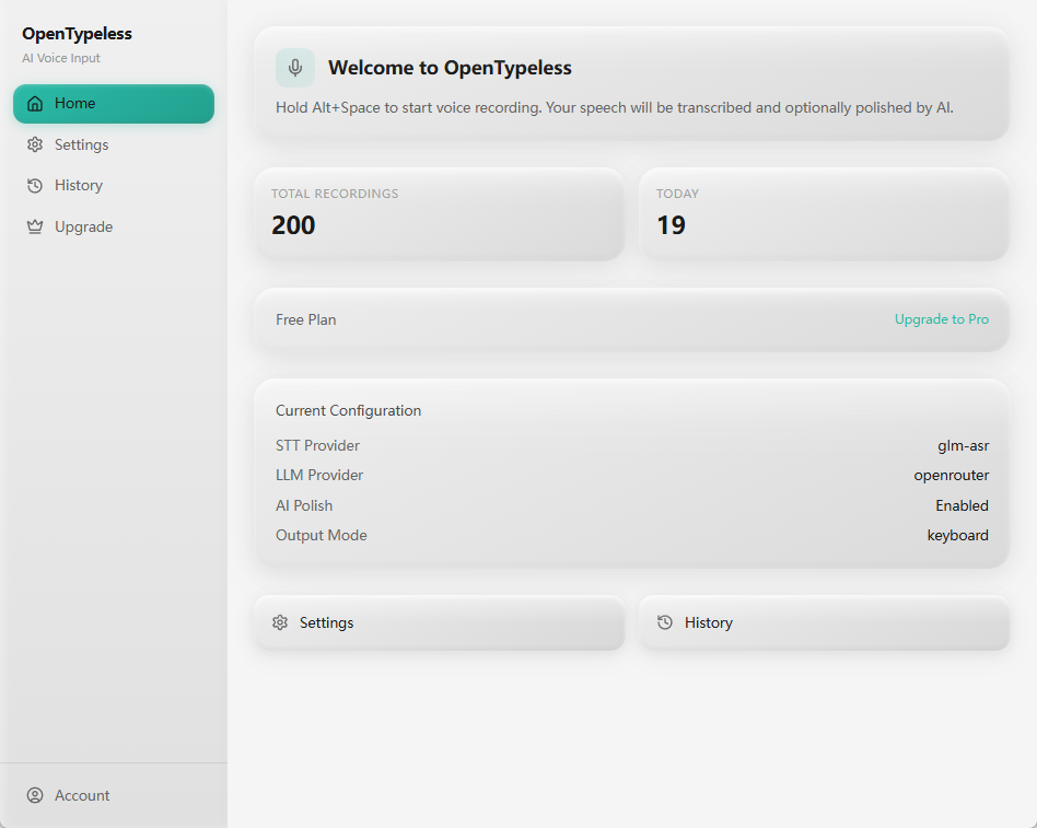 OpenTypeless home dashboard with recording stats
