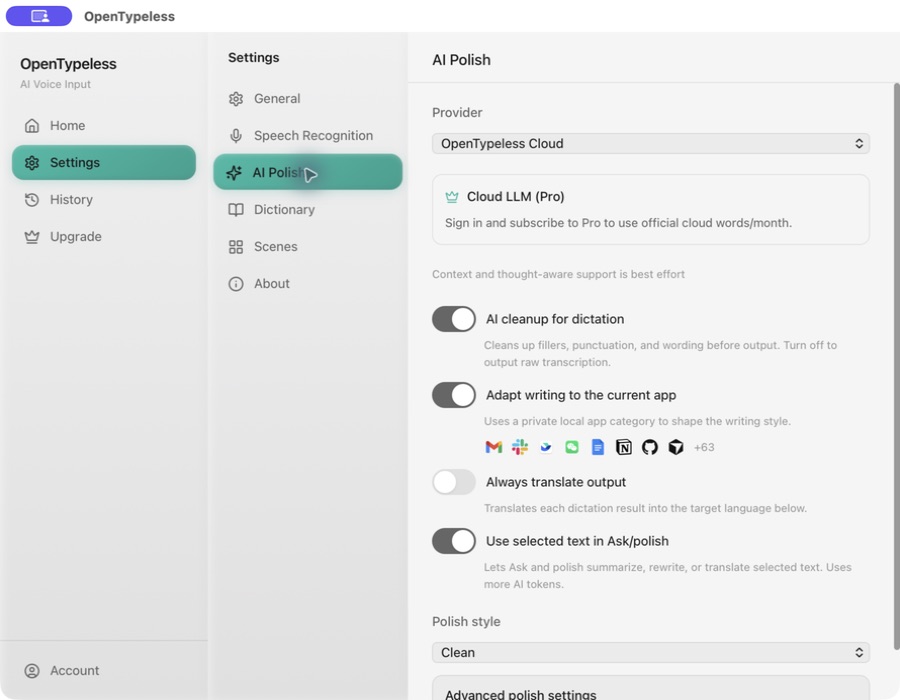 OpenTypeless v1.1.49 app-aware AI polish