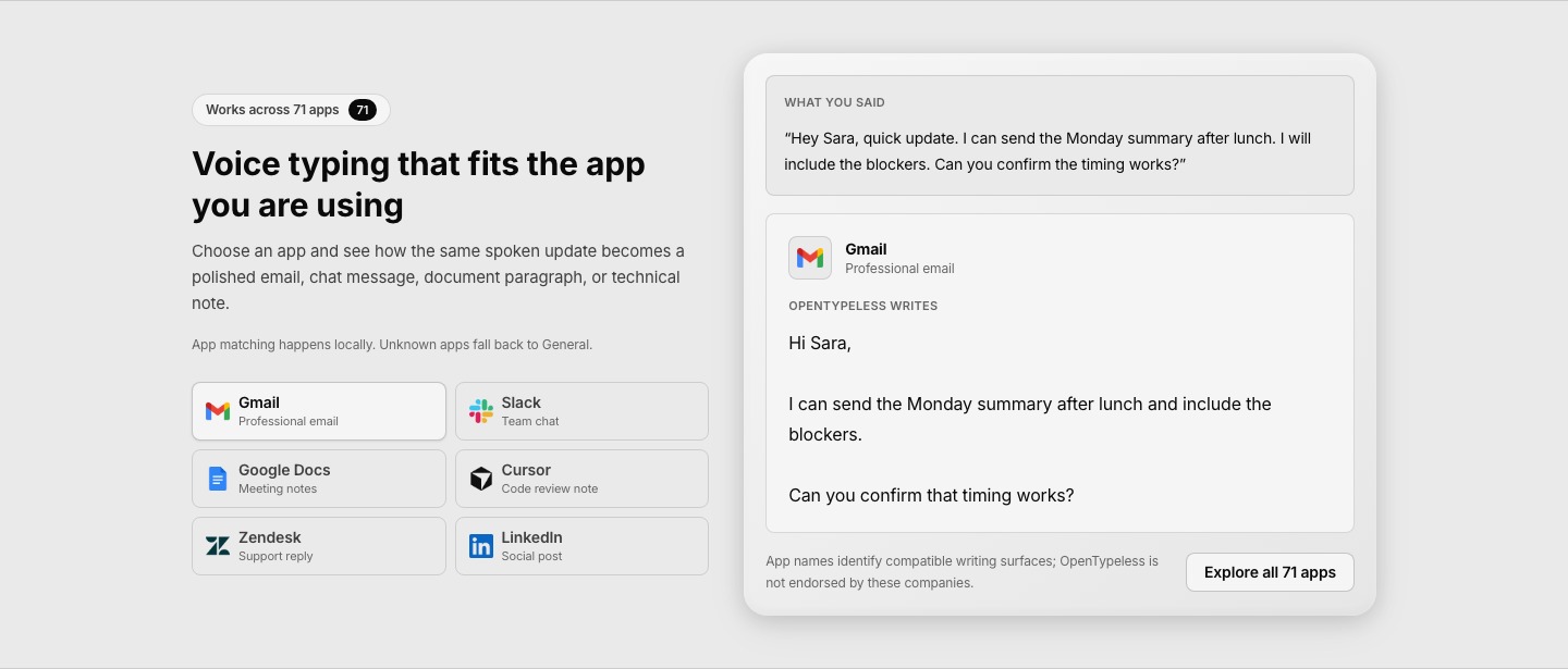 OpenTypeless app-aware voice typing across Gmail, Slack, Google Docs, Cursor, Zendesk, and LinkedIn