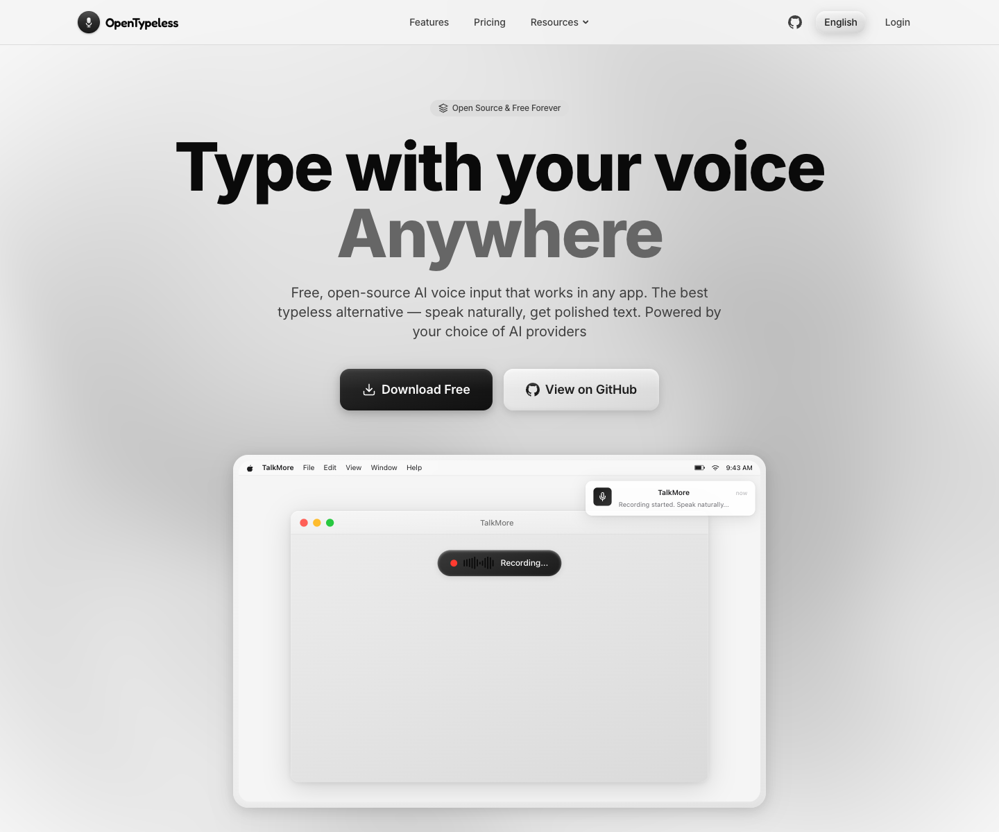 OpenTypeless website hero