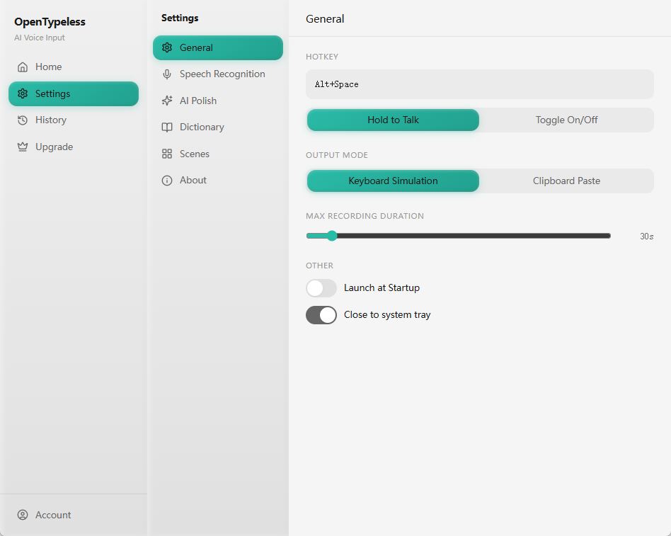 OpenTypeless settings
