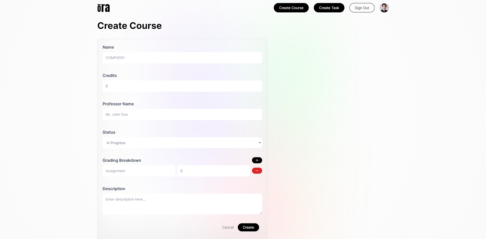 Create Course Page