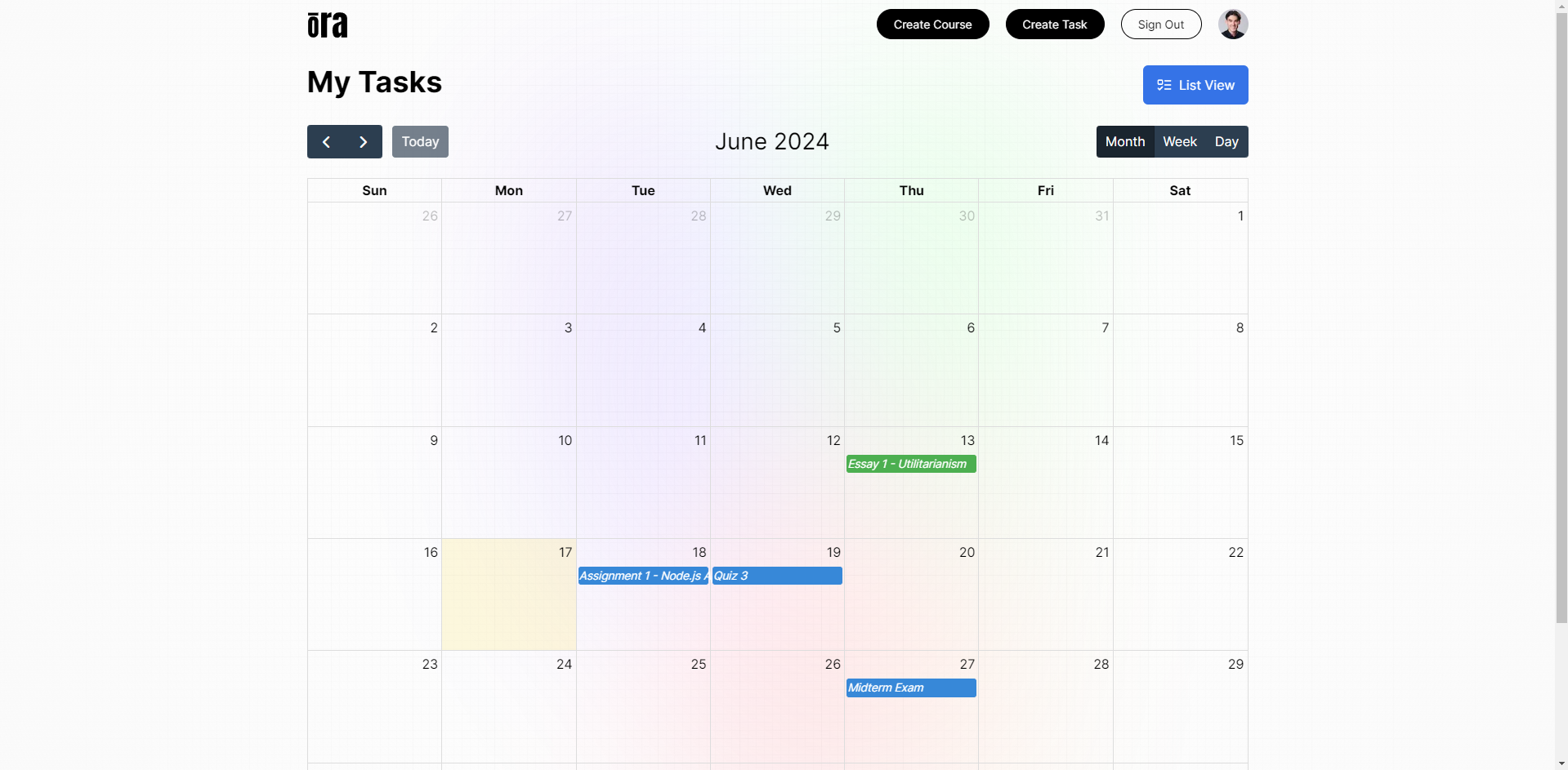 Tasks (Calendar View) Page