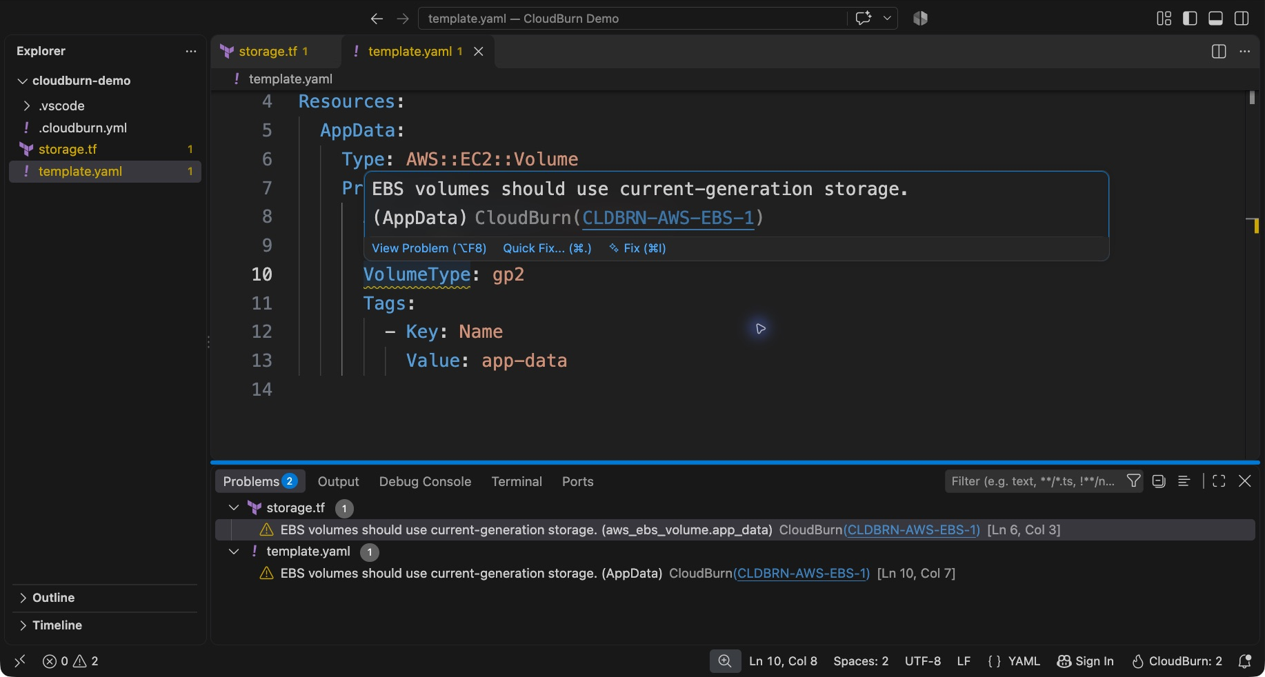 CloudFormation YAML with an inline EBS cost finding, a rule documentation link, and workspace findings in Problems
