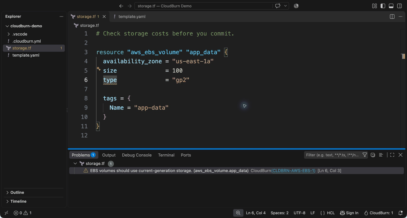 Animated demo: select gp2 in Terraform, change it to gp3, save, and see Problems clear with CloudBurn showing zero findings