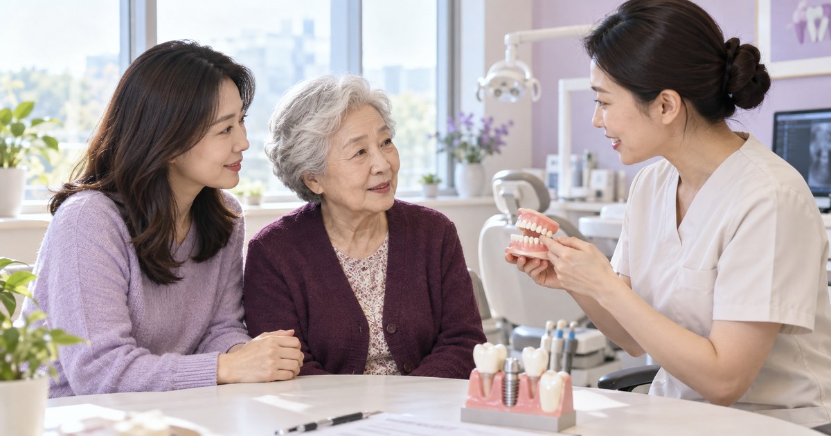 어르신과 가족이 치과에서 틀니 모형으로 상담받는 생성 장면