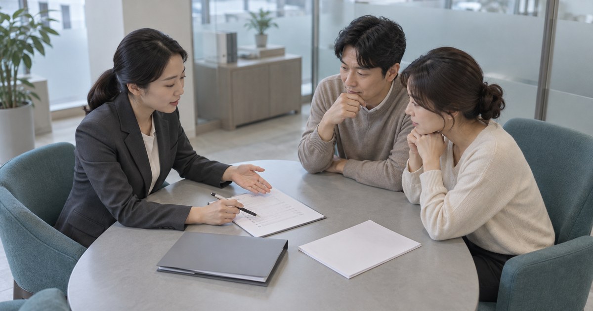 전세보증 소득 요건과 필요 서류를 은행 상담자에게 확인하는 부부 생성 장면