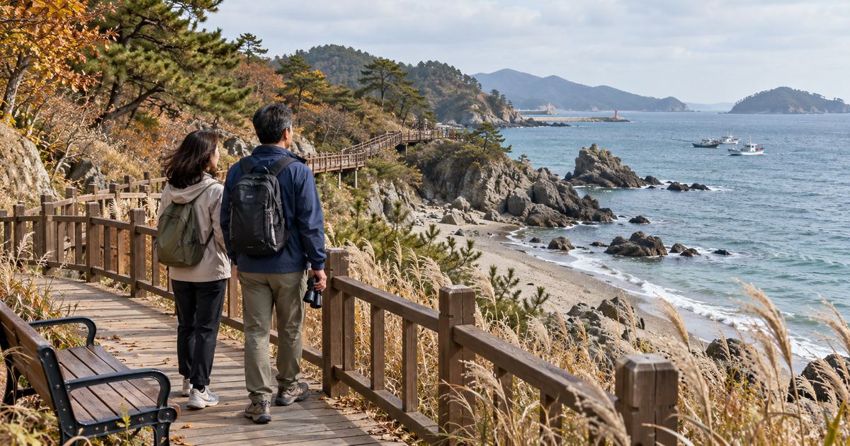 국내 해안 산책로에서 주말 휴가를 보내는 근로자와 동반자 생성 장면