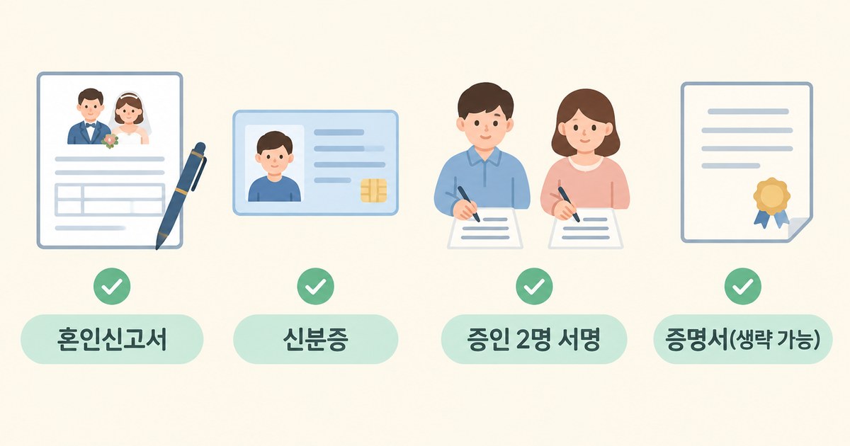 혼인신고서와 신분증, 증인 서명 준비 항목을 보여 주는 개념 장면