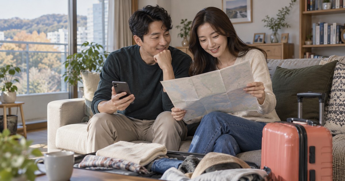 집에서 국내여행 일정과 필요한 상품을 계획하는 부부 생성 장면
