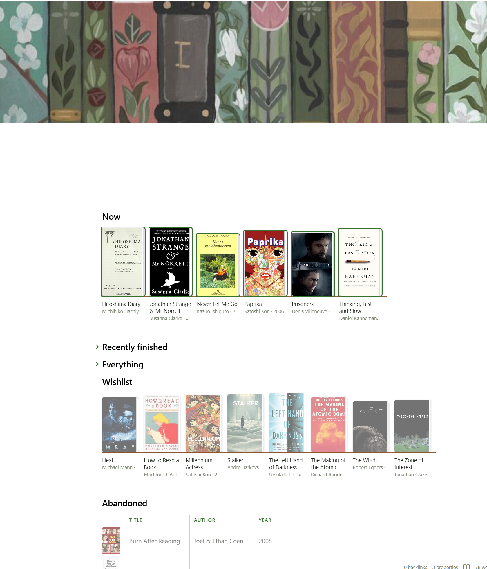 A library hub note: a total with a status breakdown, then covers grouped into shelves