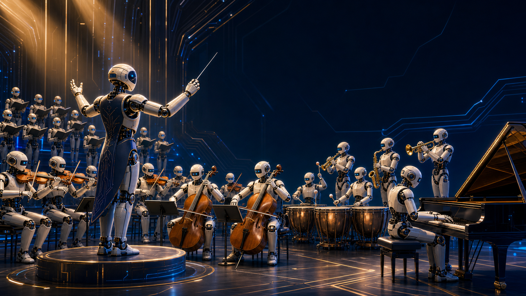 A conductor robot leading an orchestra of robots
