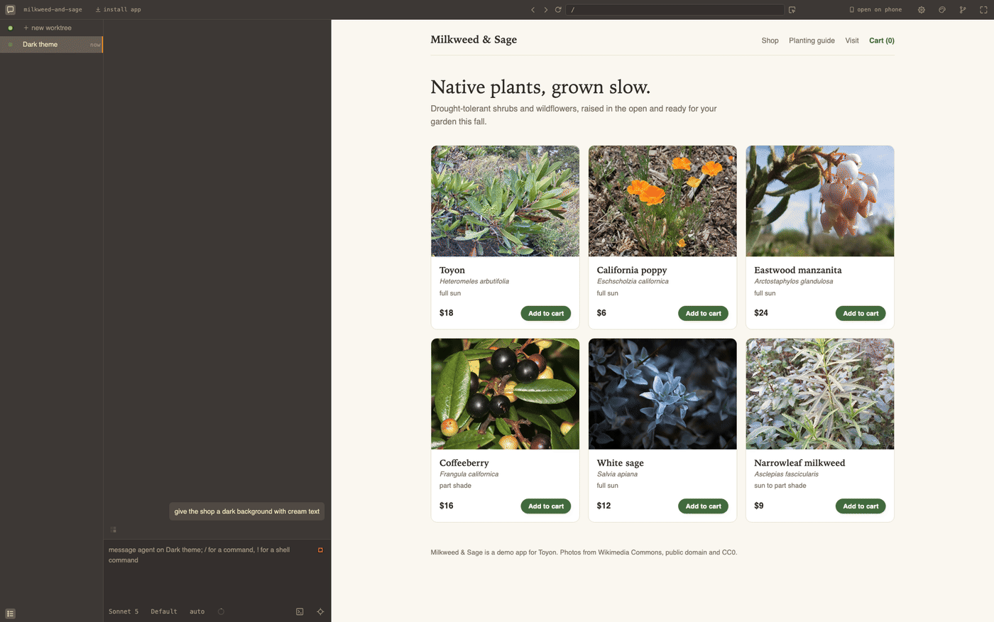 Toyon with four chats on a plant shop, each changing its own copy. The desk opens a code, a phone signs in with it and starts a copy of its own, both screens follow that chat, and both end on the last copy with its Wildflowers filter pressed, ready to land
