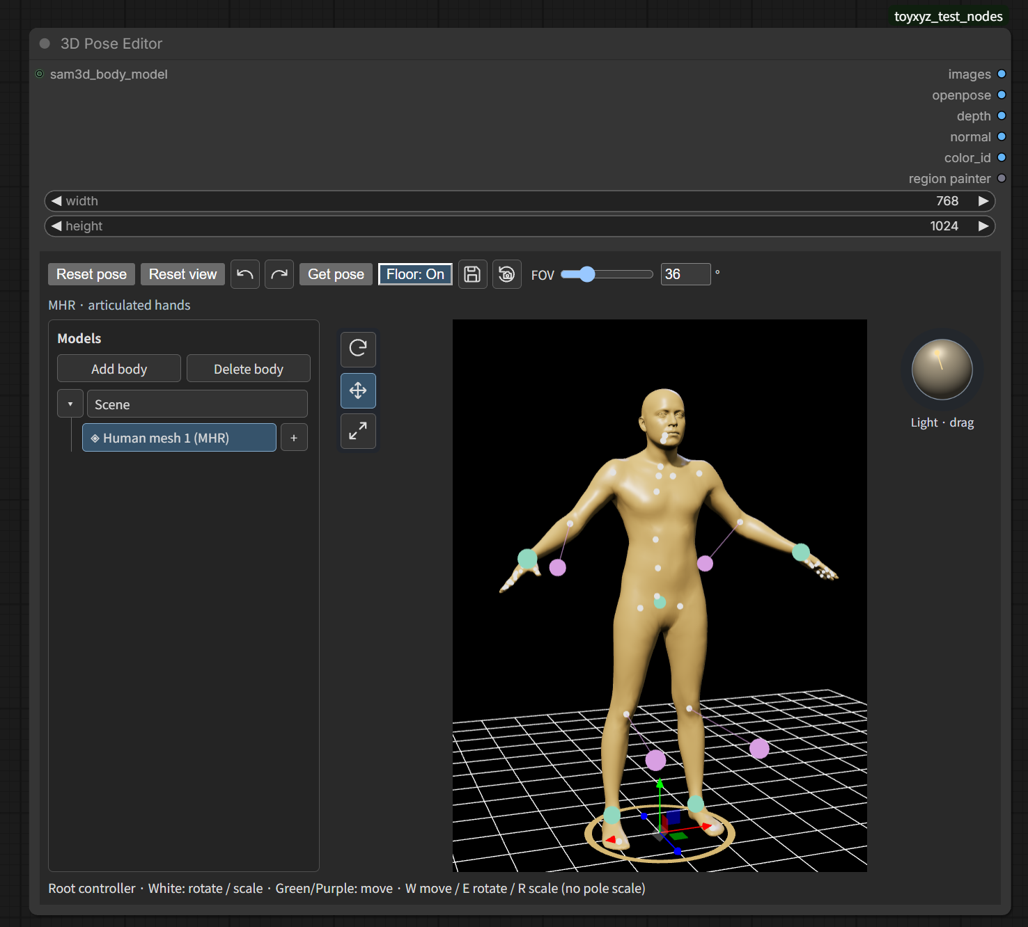 3D Pose Editor example with body controls and a white preview grid