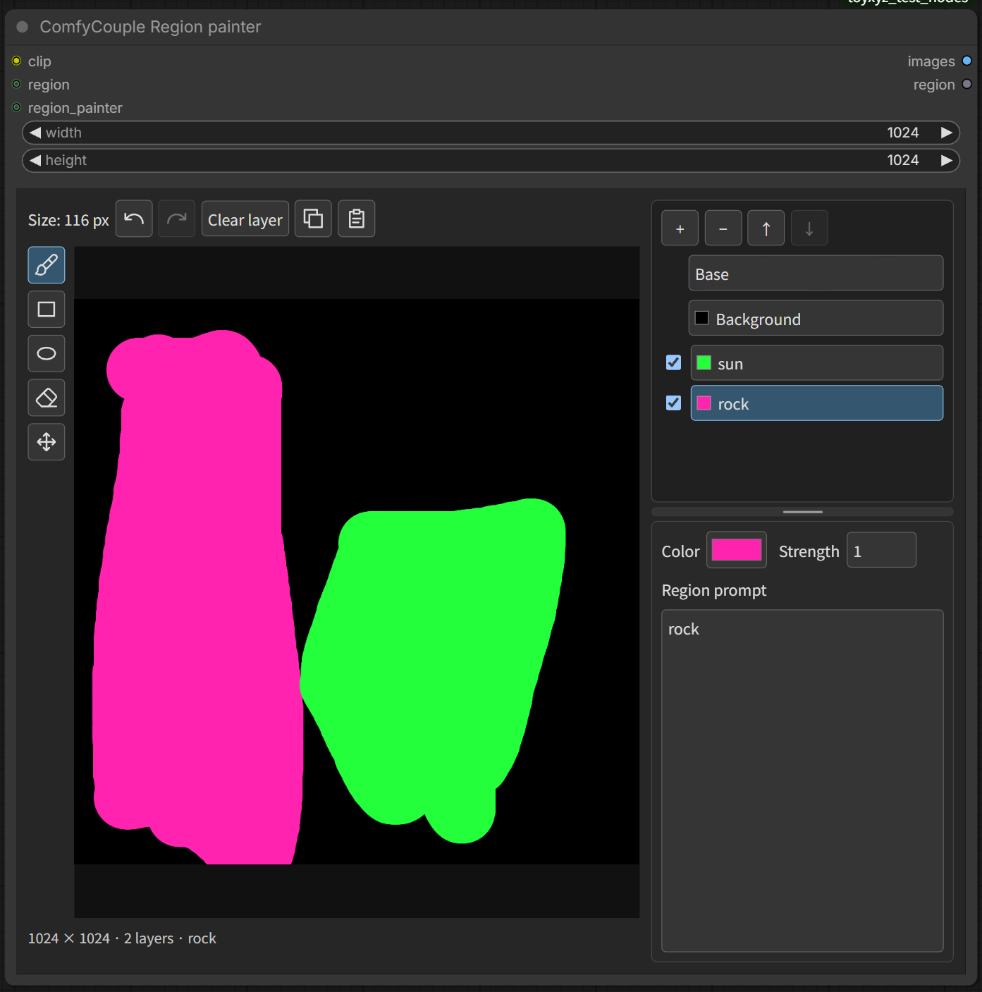 ComfyCouple Region painter example with painted masks and per-layer prompts