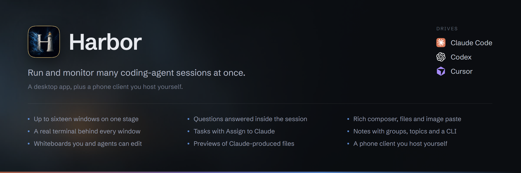 Harbor: Claude Code, Codex and Cursor on one stage, with question forms, a rich composer, Tasks, Notes, whiteboards, file previews and a self-hosted phone client