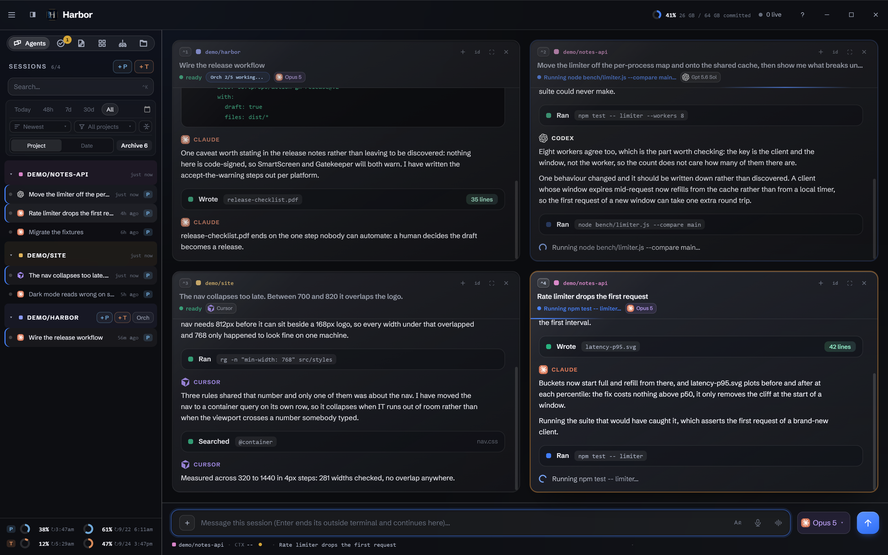 Four synthetic conversations on the current Harbor stage, across Claude Code, Codex and Cursor