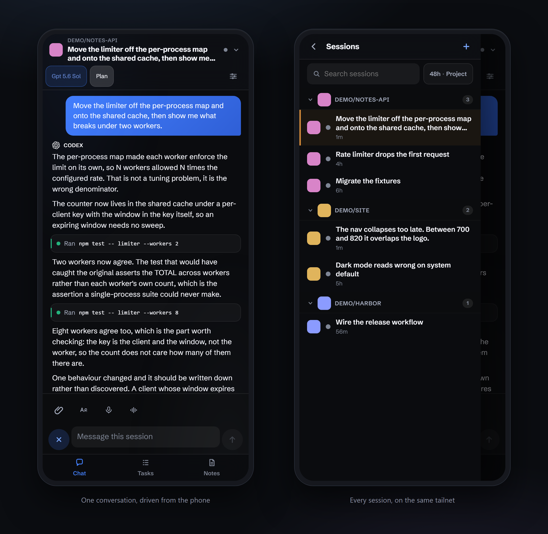 The current phone client showing a Codex conversation and session switcher