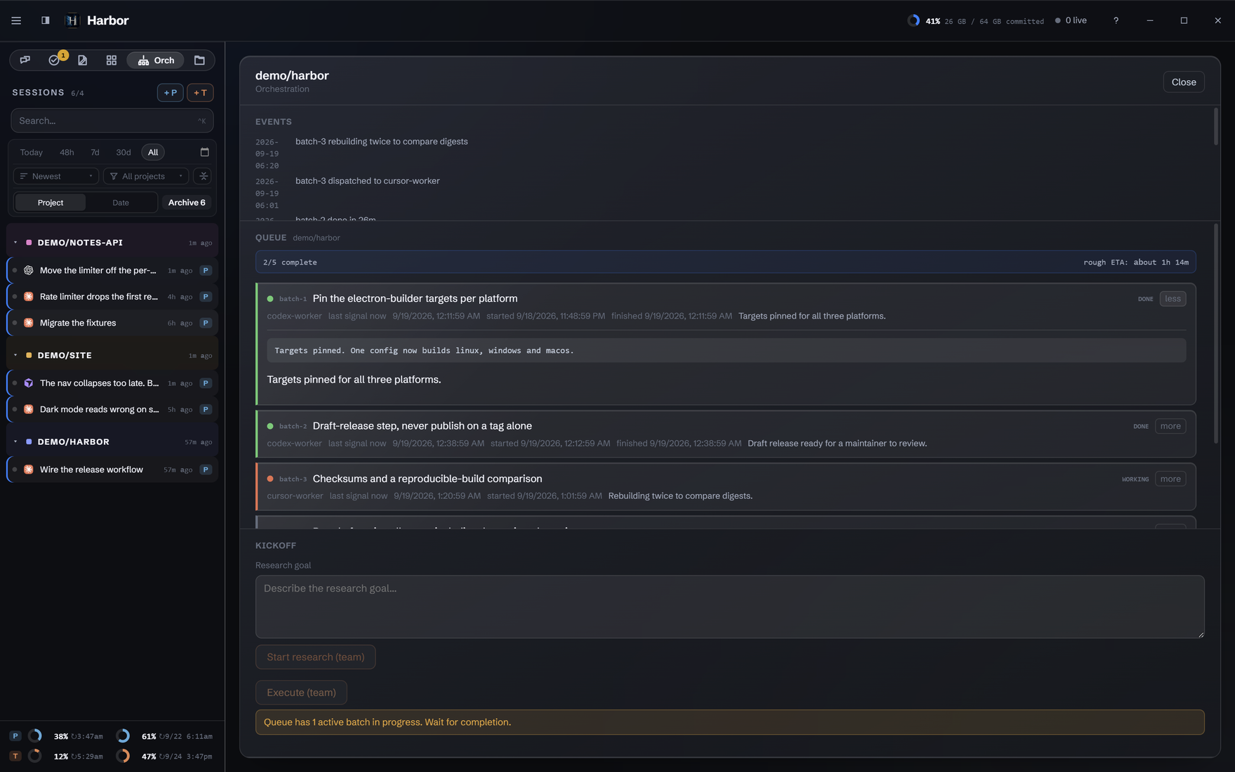 An optional project orchestration queue with workers, batches and events