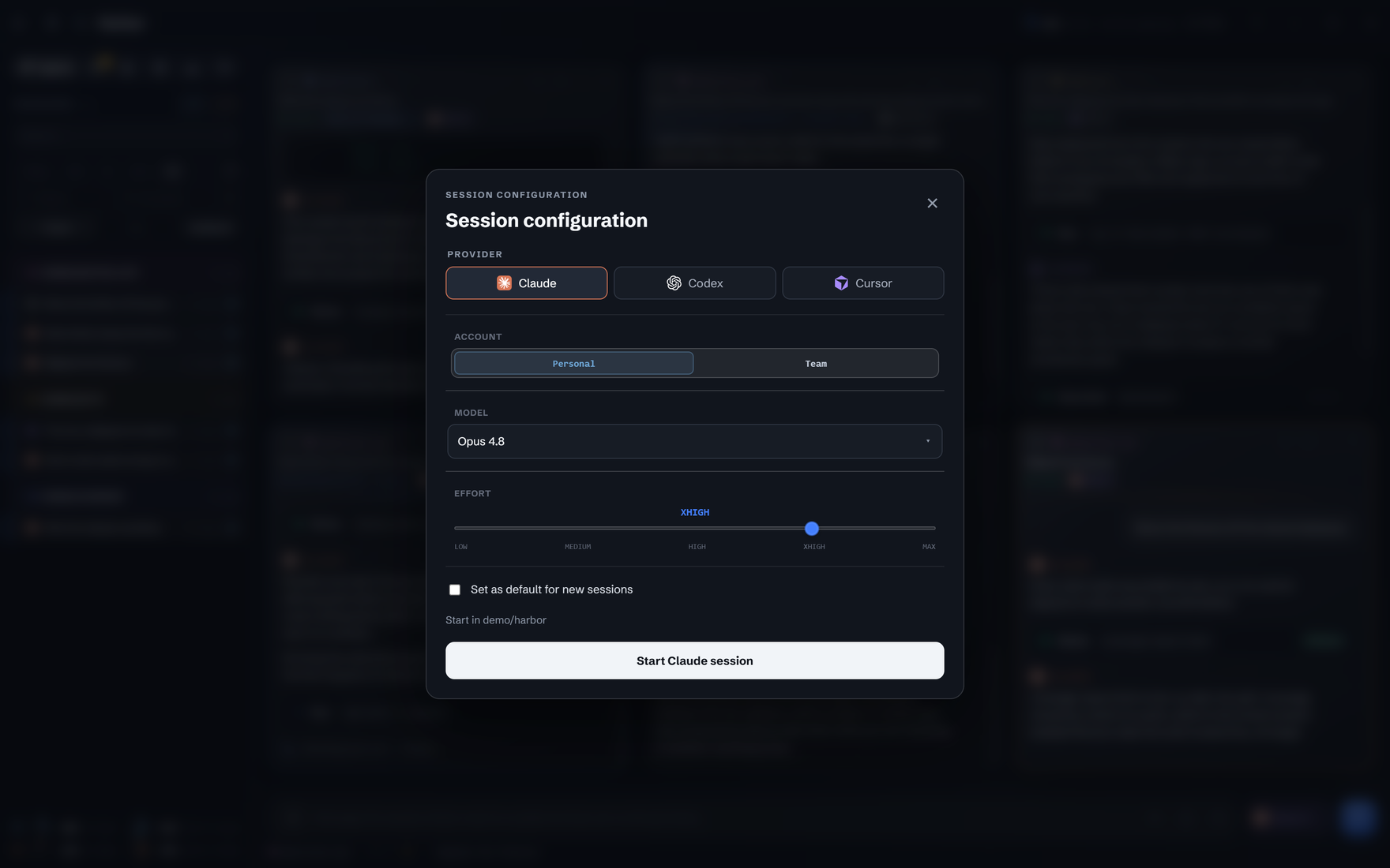 Launch configuration for provider, account, model and reasoning effort