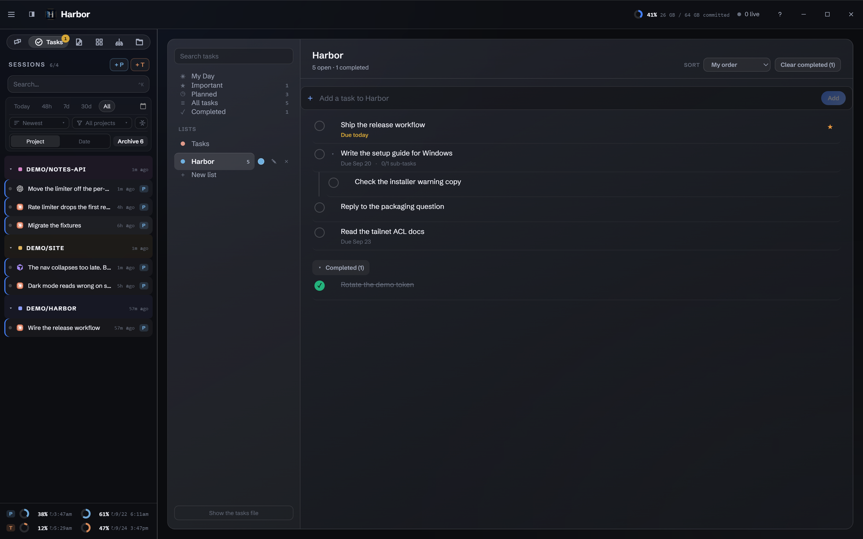 Tasks with due dates, a starred task and subtasks