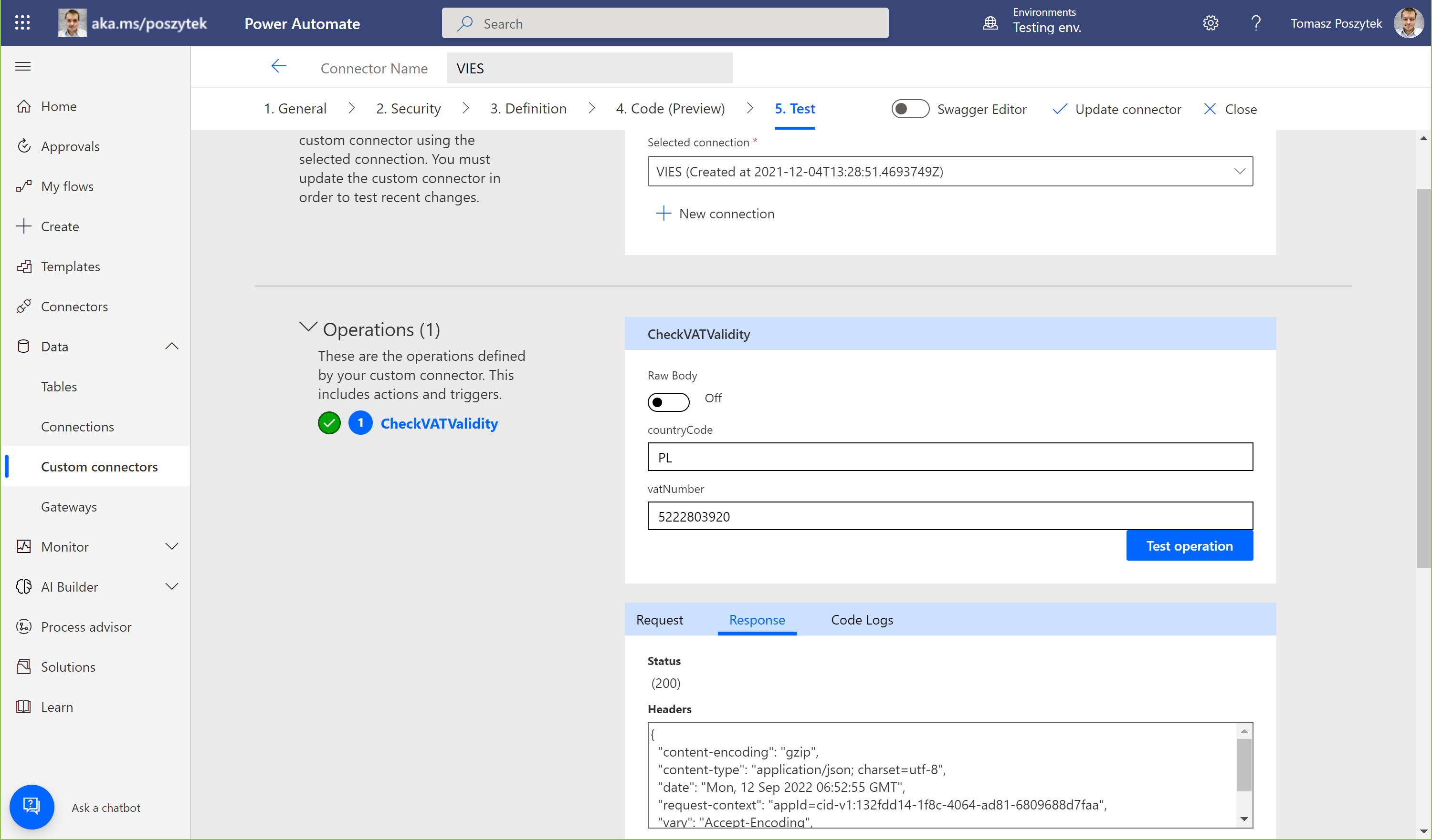 Custom connector validation