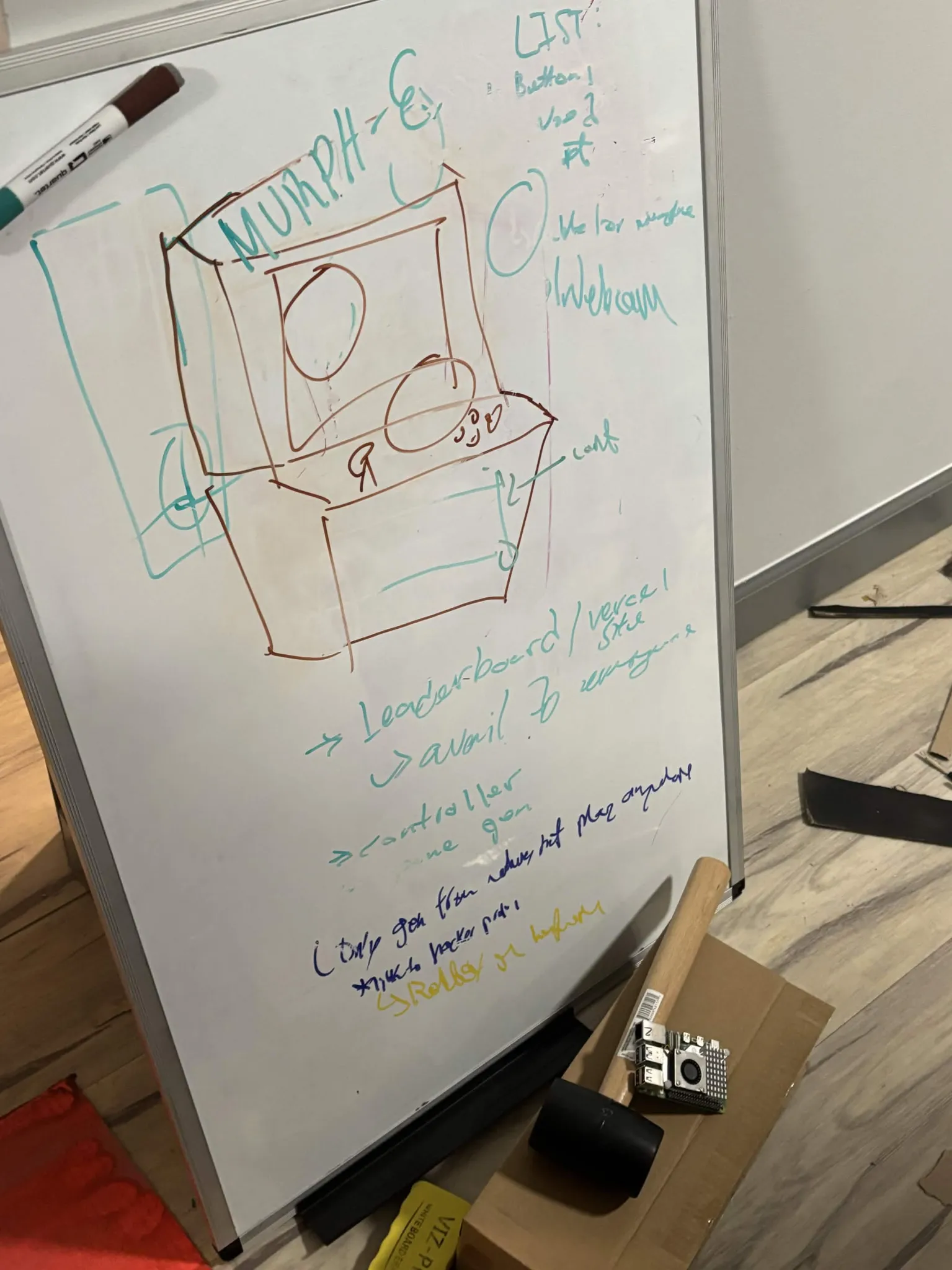 Our initial whiteboard sketch of the arcade machine