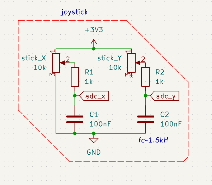 Joystick circuit schematic showing the X and Y potentiometers and filtering components