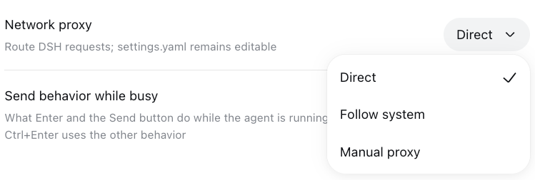Network proxy mode menu: Direct, Follow system, Manual proxy