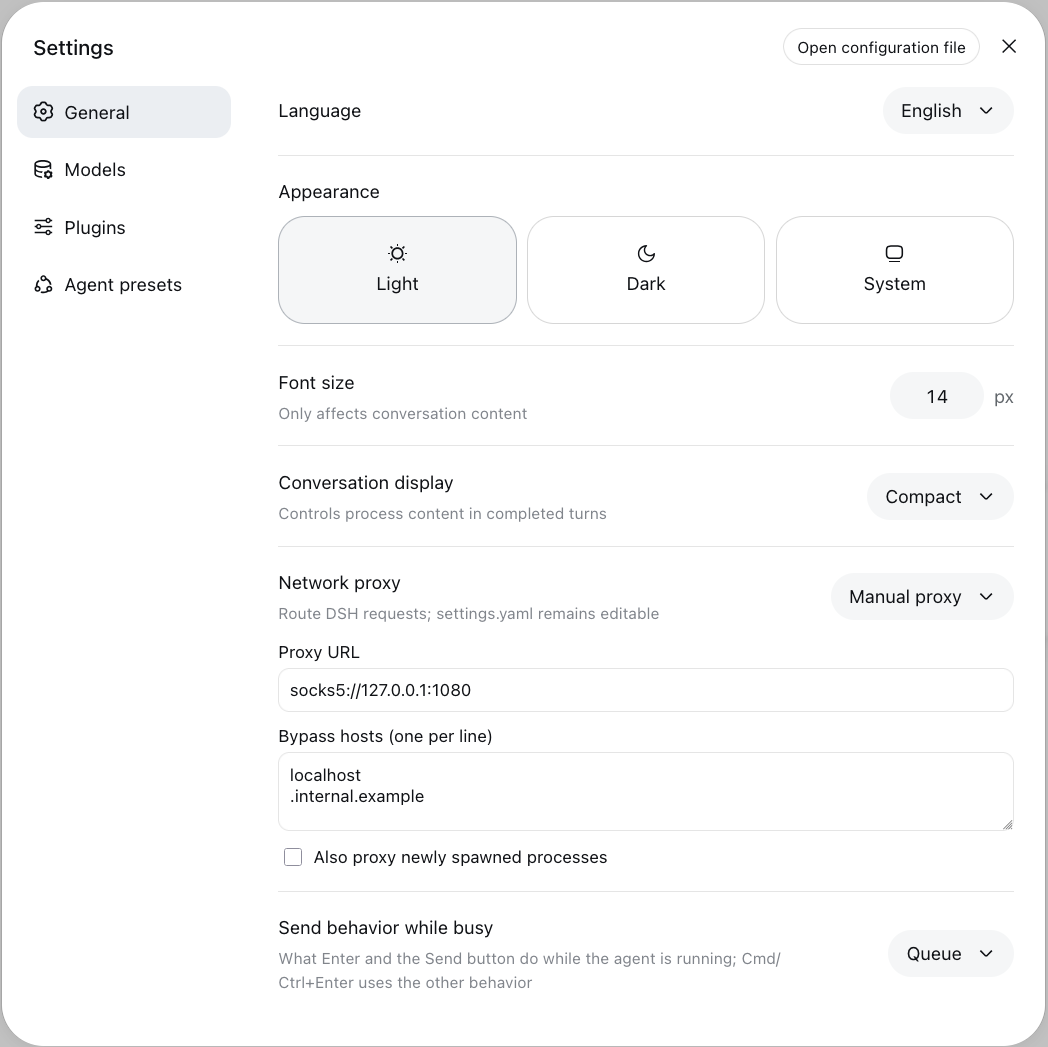 Manual proxy settings in the DSH Web interface