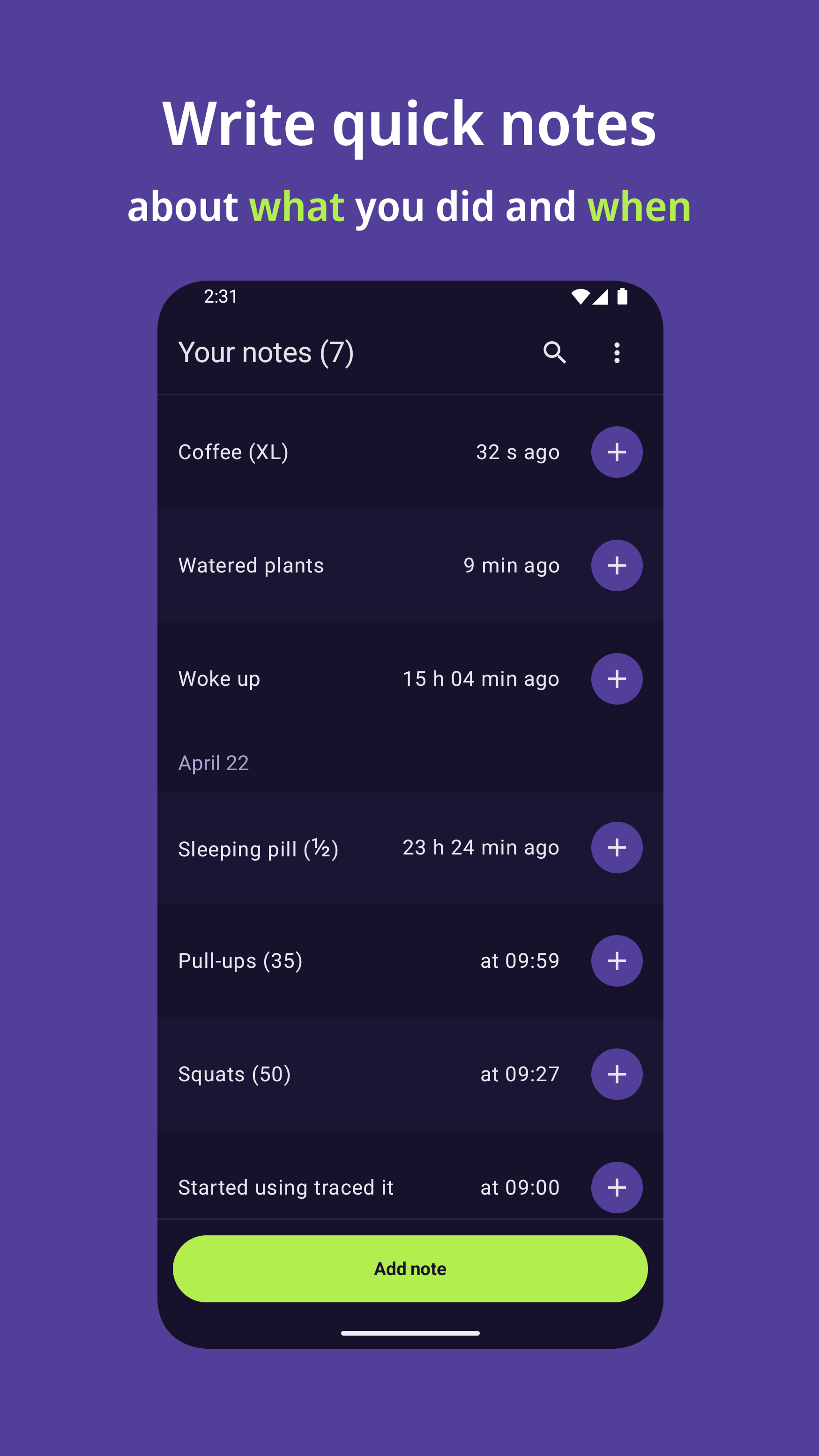 Screenshot of a list of notes