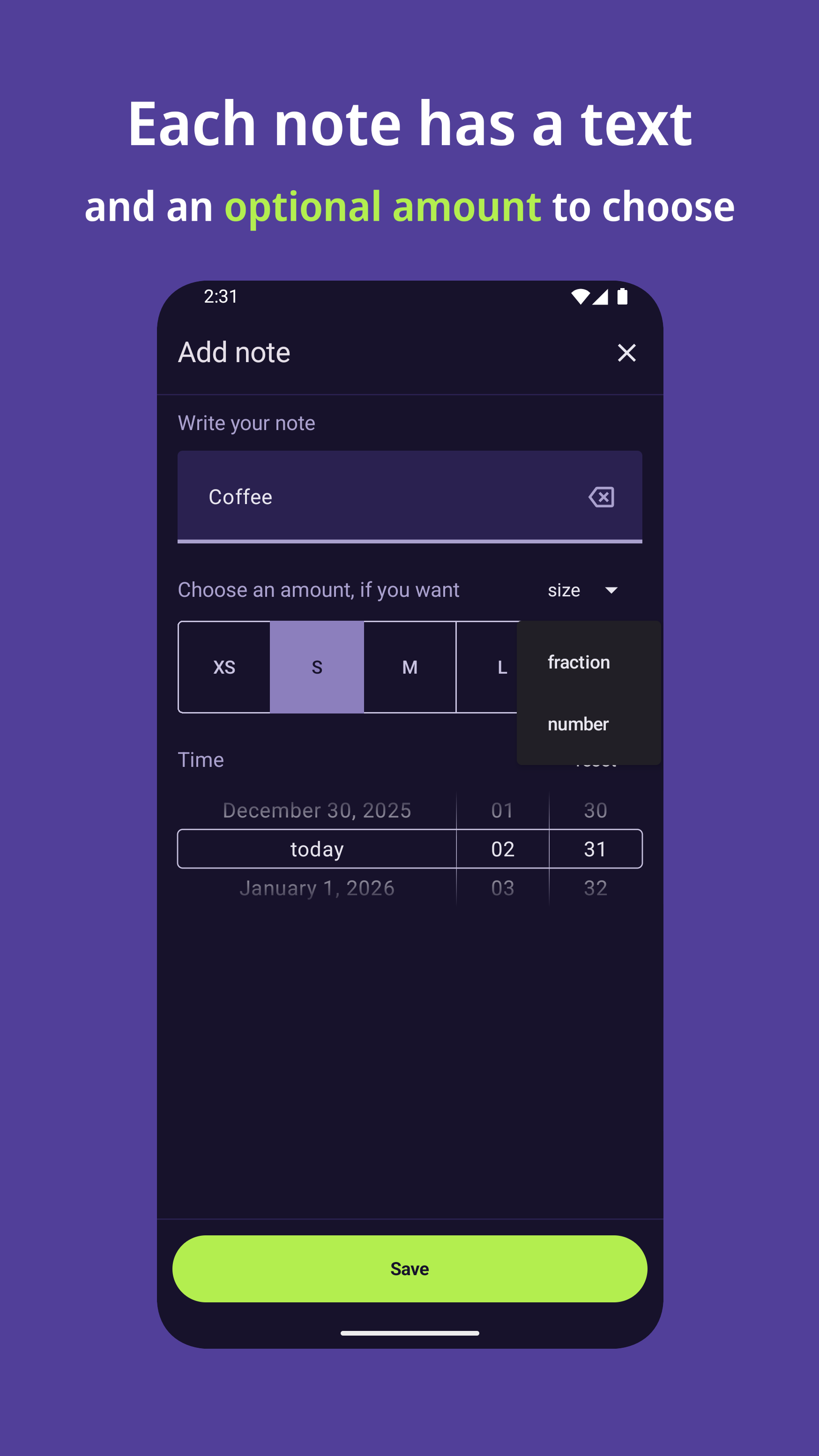 Screenshot of the interface to add new note