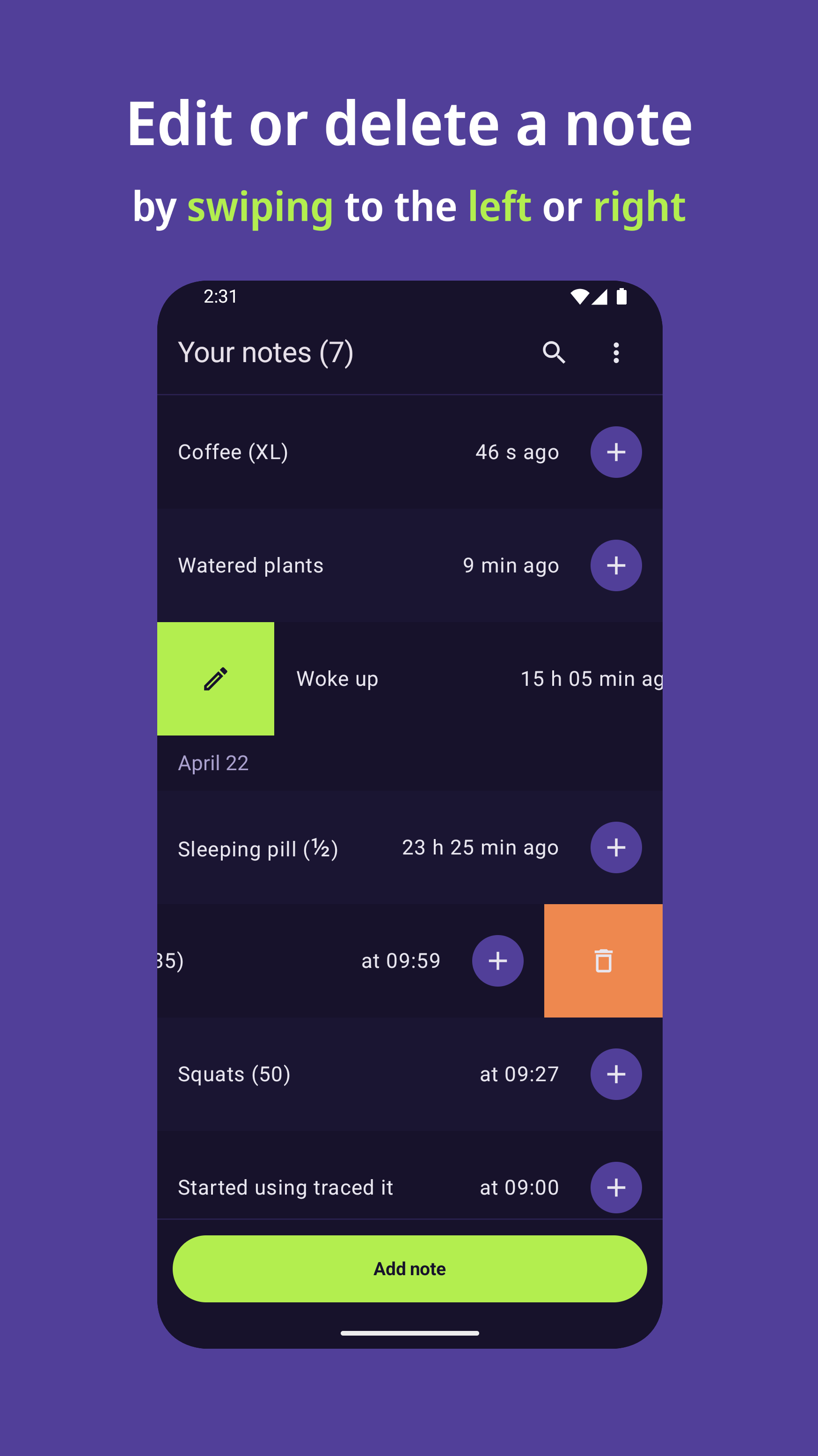 Screenshot of the interface to edit or delete a note