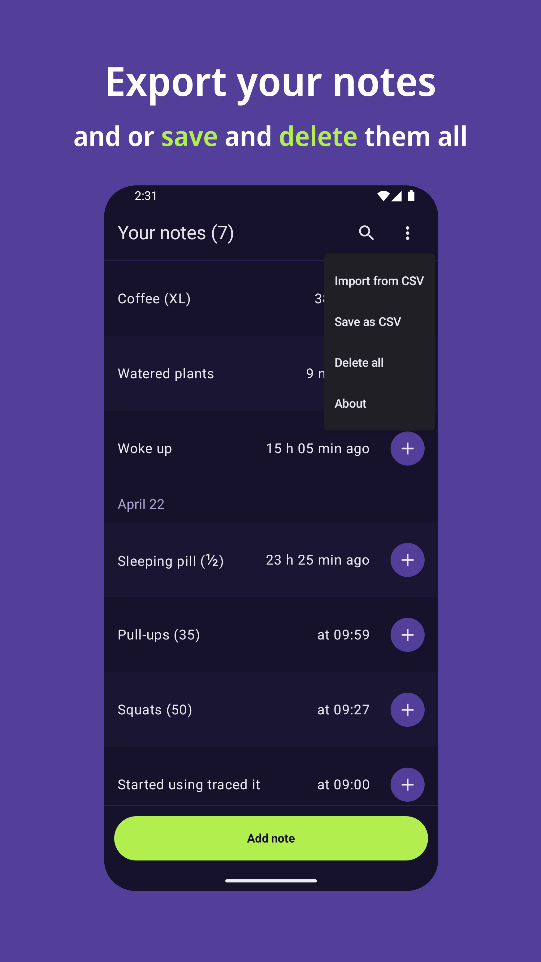 Screenshot of the interface to export notes