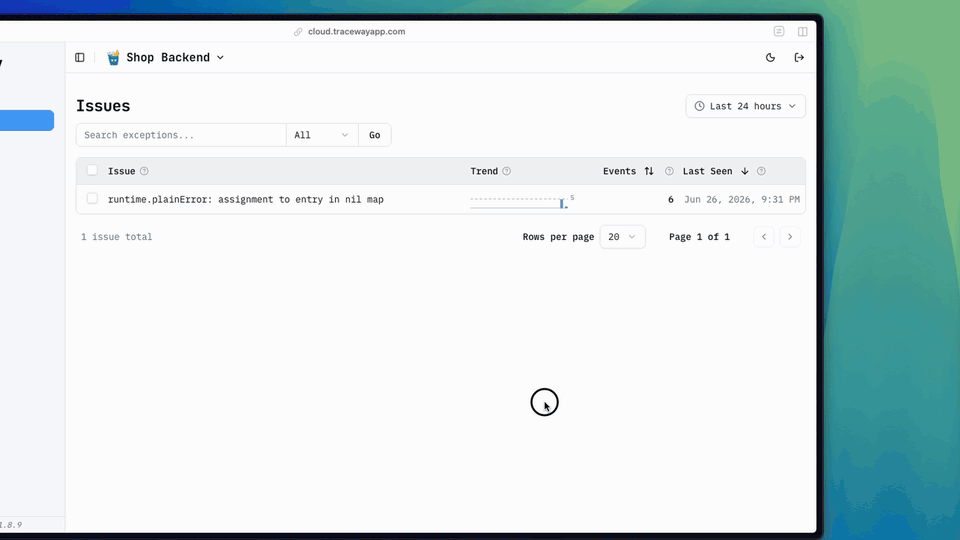 Claude Code fixing a production issue from a Traceway error, end to end