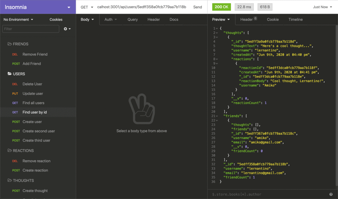 Demo that shows GET routes to return a single user and a single thought being tested in Insomnia.