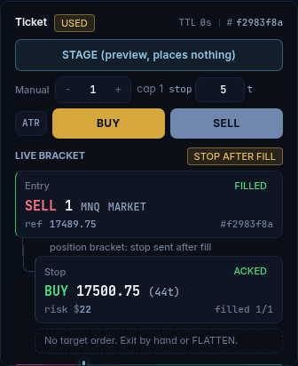 Live bracket: entry filled, stop acknowledged