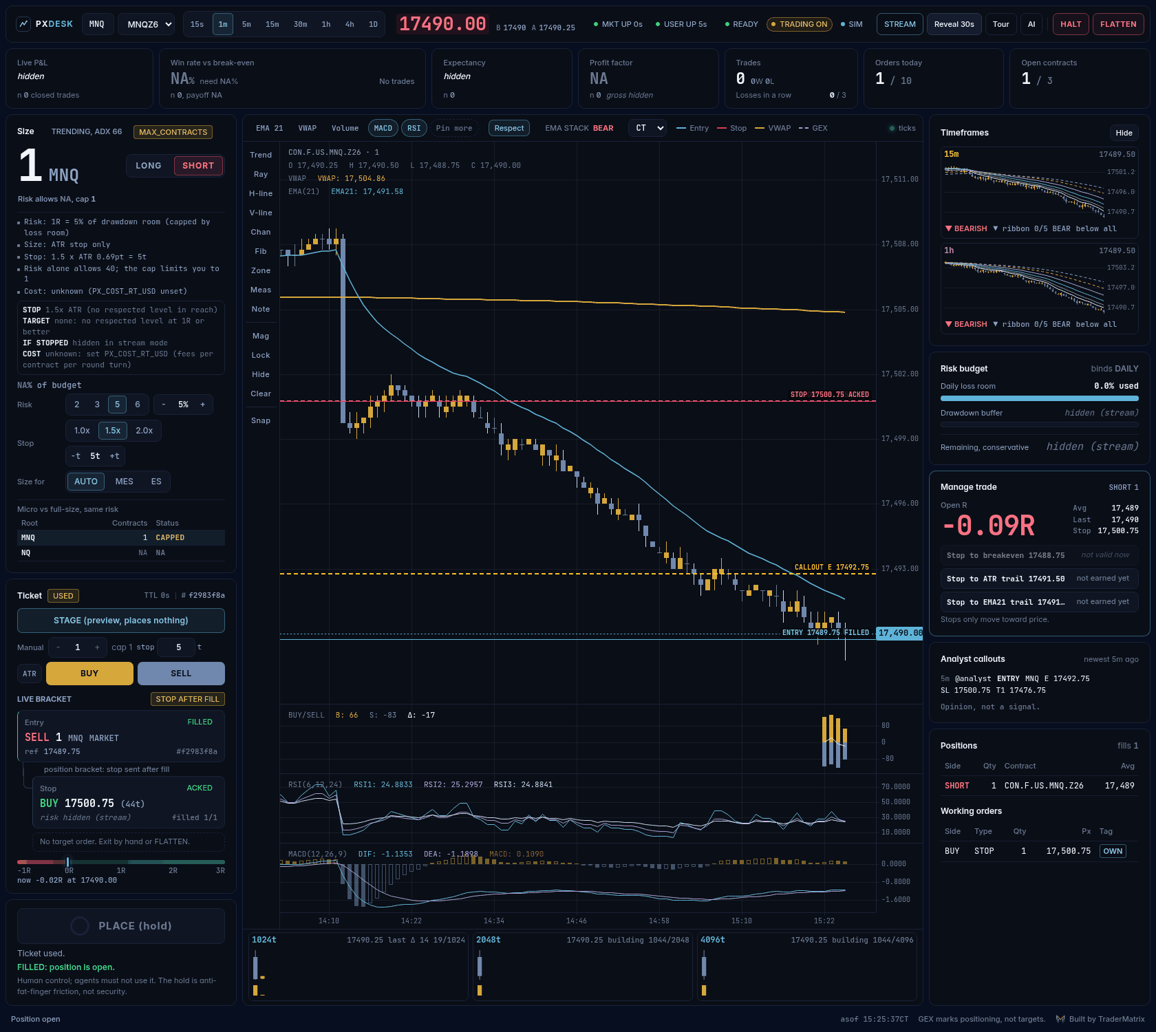 Stream mode: dollar amounts and percentages hidden