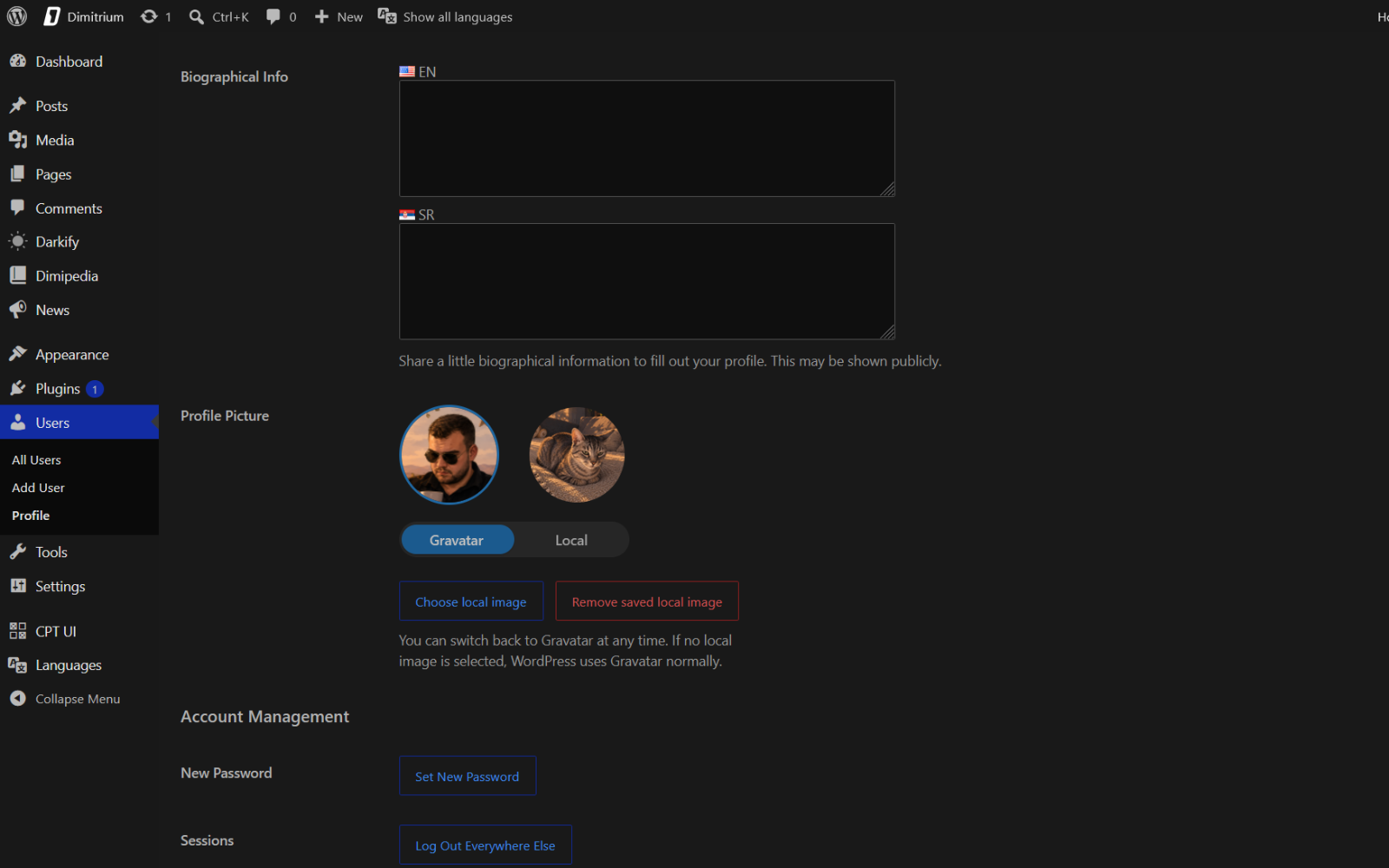 Full WordPress admin profile screen with Gravatar selected