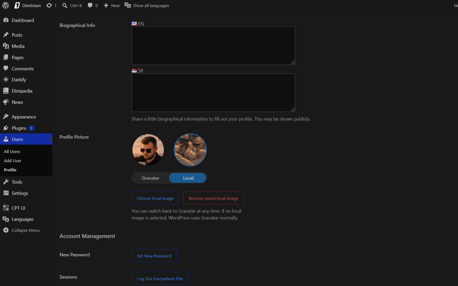 Full WordPress admin profile screen with local avatar selected