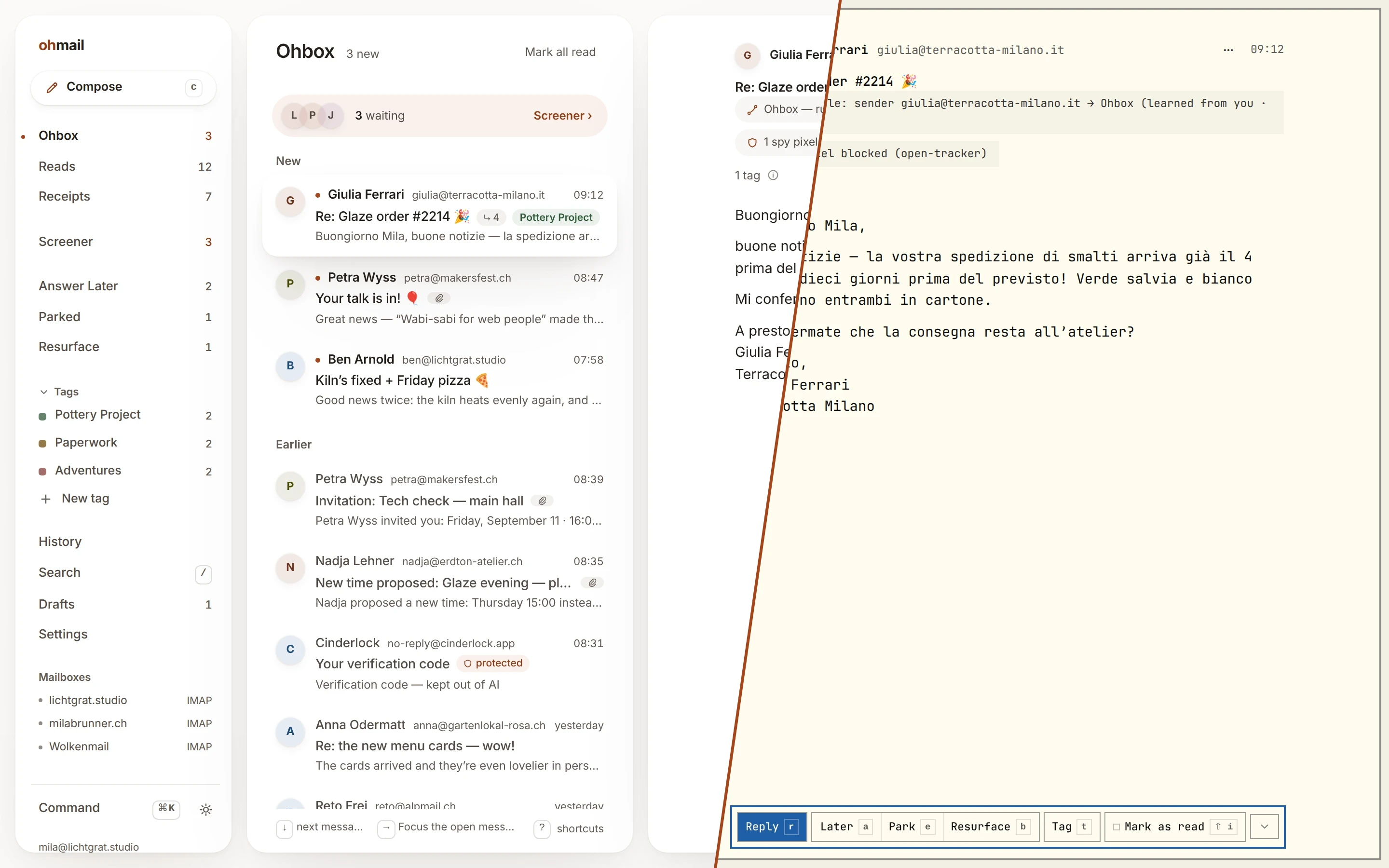 ohmail's demo mailbox, the paper face on the left and the ohmarchy face on the right