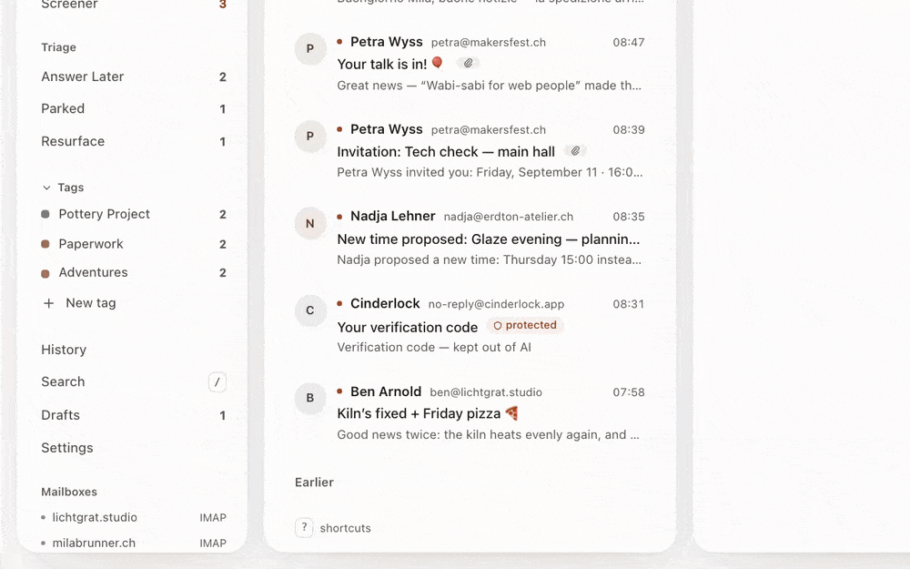Several IMAP mailboxes in one client, and the From selector switching between their addresses