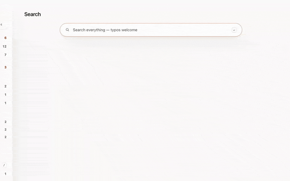 Typing a misspelled query, the fuzzy results, and the hit opening