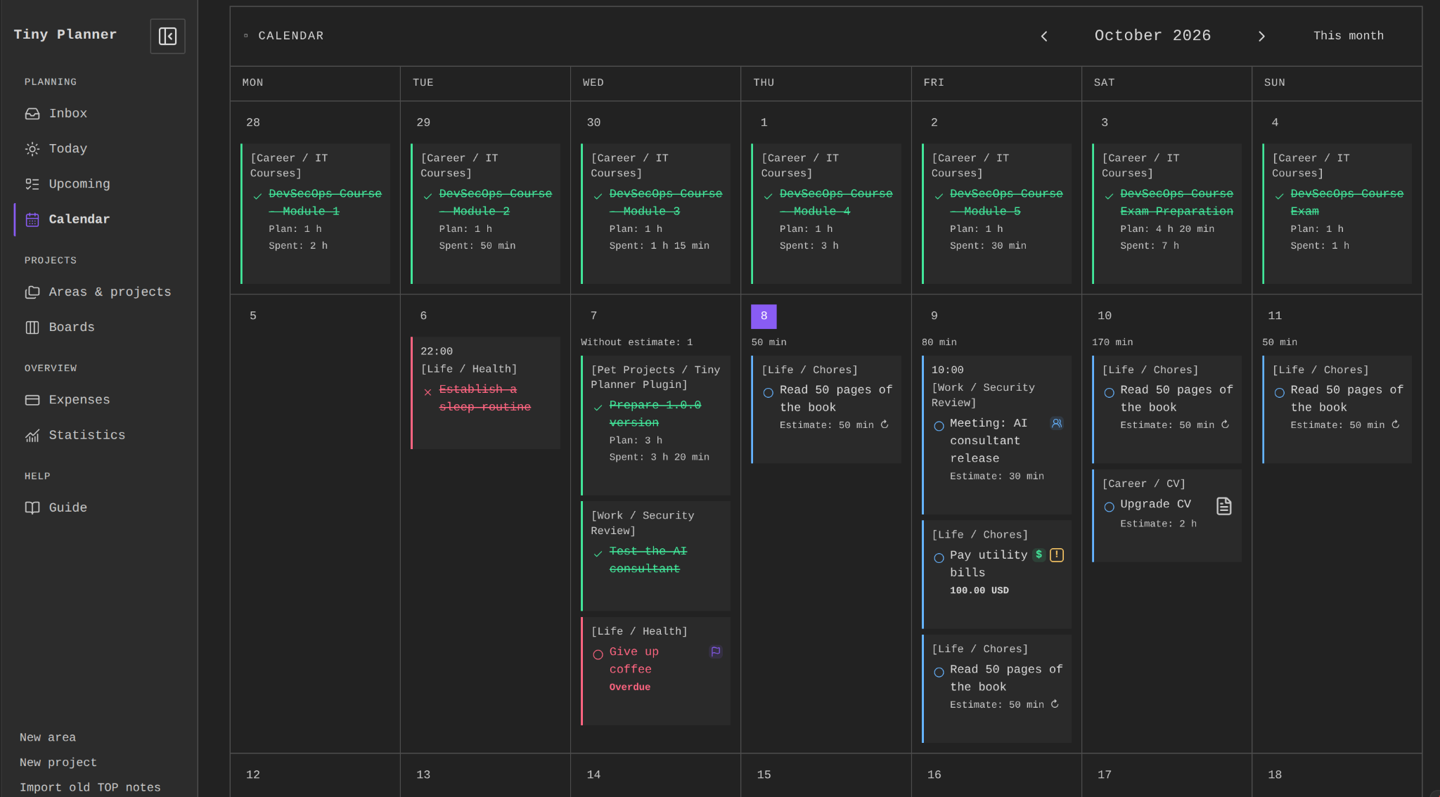 Monthly calendar with task statuses, appointments, payments and planned and spent time