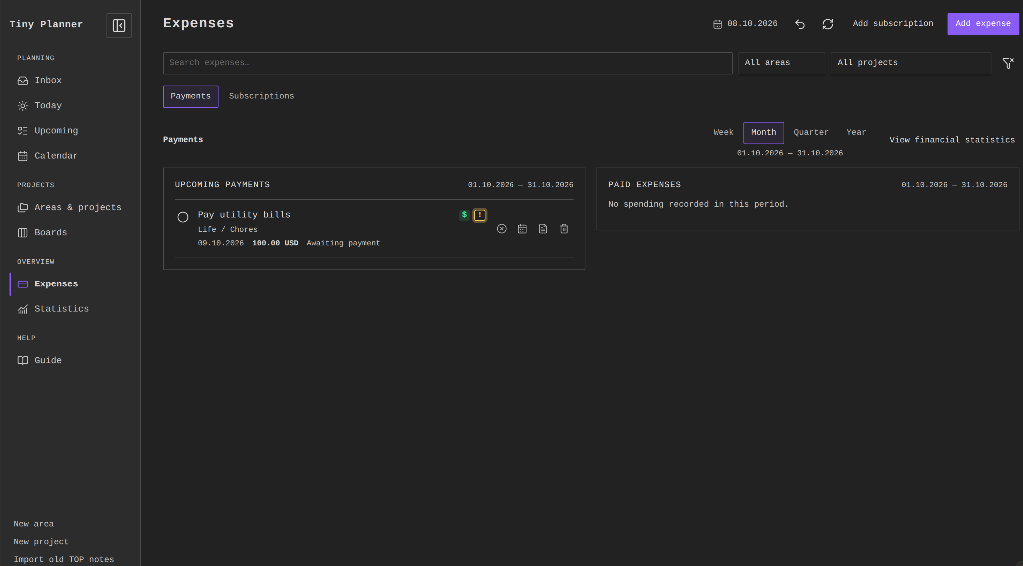 Expenses view with upcoming payments, paid expenses and period controls